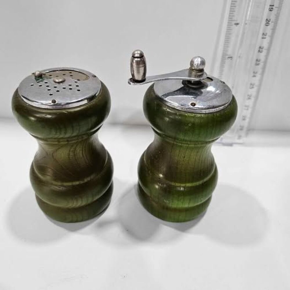 Vintage Green Wood Salt Pepper Shakers Japan